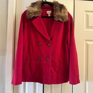 Chico’s Red Double Breasted Jacket Removable Faux Fur Collar Women’s Size 3 (XL)